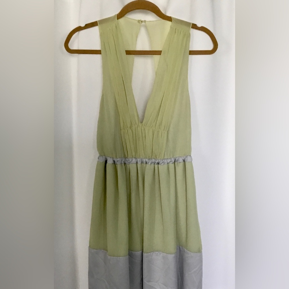 BCBGeneration Pale Green V-Neck Mini Dress with Silver Blue Trim